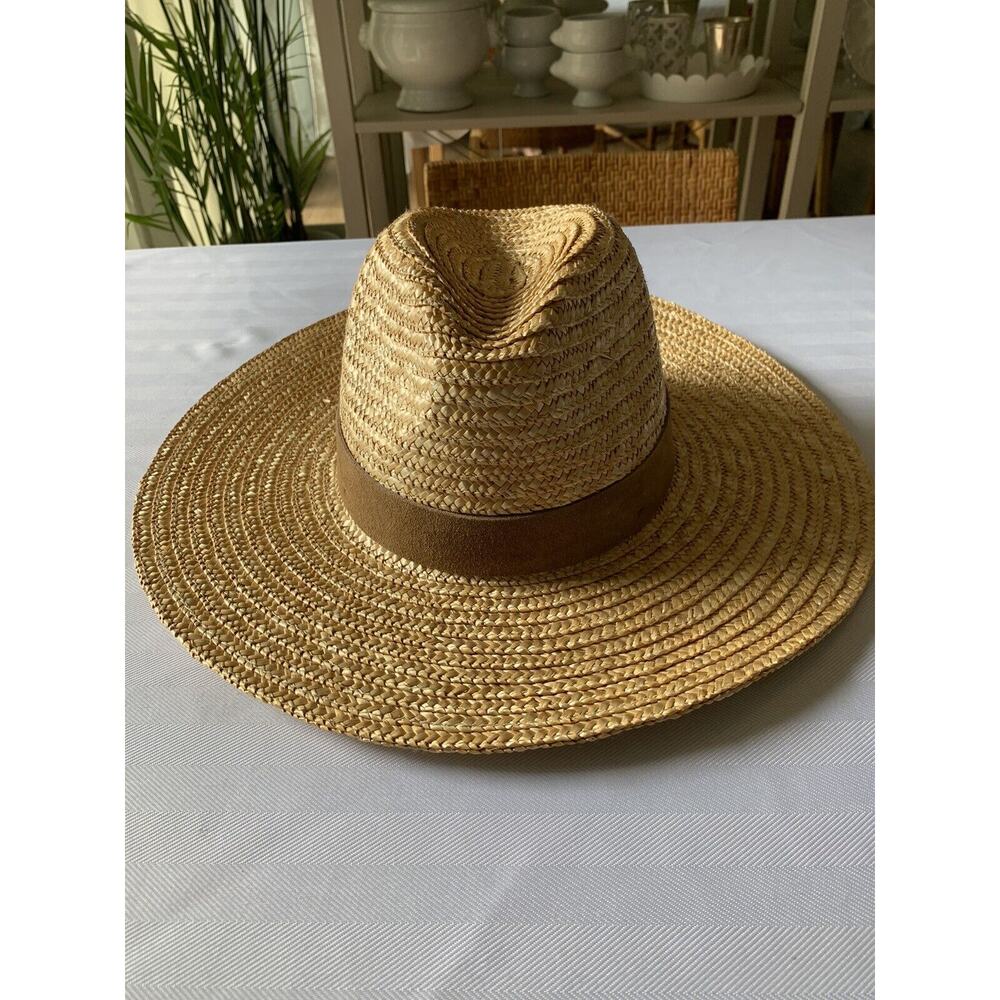 Gigi Pip Straw Hat Womens One Size Brown Fedora Suede Band Adjustable Elastic